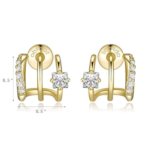 Obidos 14K Gold Plated Triple Huggie Illusion Stud Earrings | Double Huggie Hoop Earrings for One Hole | Gold Hoop Earrings for Women | Drop earrings thumbnail 5