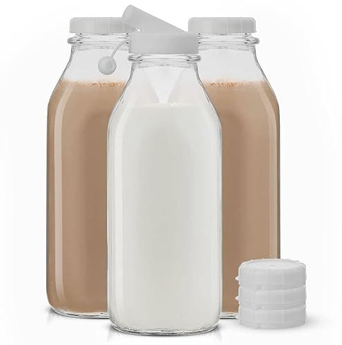 JoyJolt Glass Milk Bottles with Lids and Pourer – 32 Oz, 3 Pack Airtight Heavy Duty Reusable Glass Bottles, Leakproof, BPA-Free, Food Grade, Dishwasher Safe Jug, Pitcher for Milk, Juice, and Water - Image 1