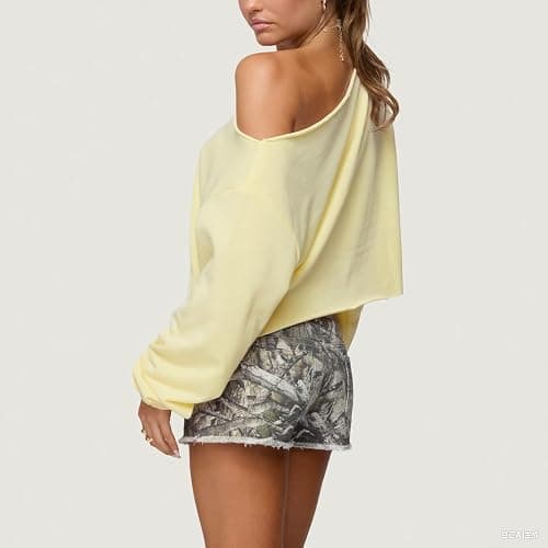 Women Off The Shoulder Sweatshirt Oversized Crop Top | One Shoulder Long Sleeve Pullover Cropped Sweatshirts, Y2k, Off Shoulder, Gym Workout Sweaters thumbnail 4