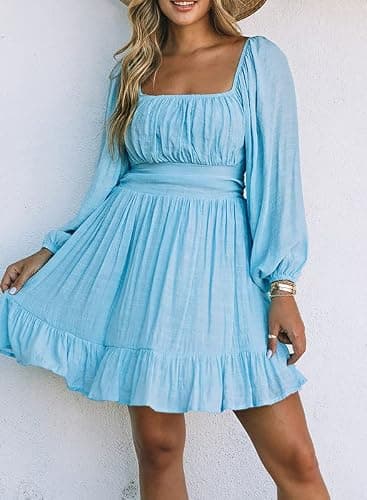 Dokotoo Womens Dress Long Lantern Sleeve Square Neck Tie Backless Sexy Dress Ruffle Elastic Waist A-Line Mini Dress thumbnail 2