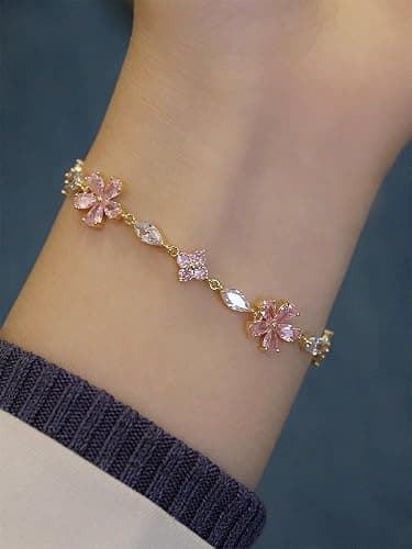 Pink Crystal Cherry Blossom Flower Chain Link Bracelet For Women Gold Silver Plated Fashion Cute Delicate CZ Petal Floral Sakura Bangle Bracelets Adjustable Sweet Dainty Fine Jewelry Gifts For Her thumbnail 6