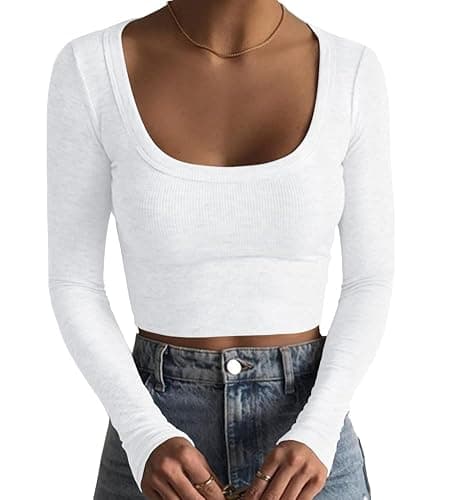 Artfish Women's Square Neck Long Sleeve Ribbed Slim Fitted Casual Basic Crop Top - Image 1
