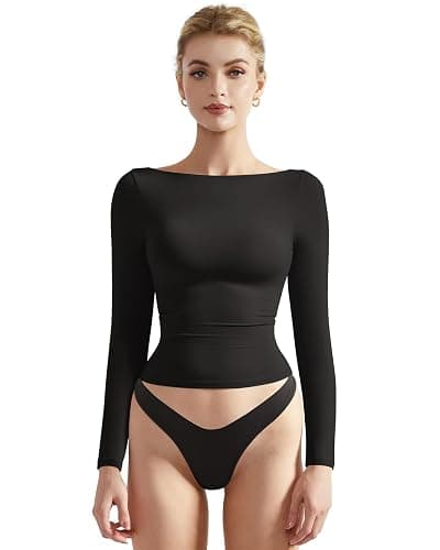 SUUKSESS Women Crew Neck Long Sleeve T Shirts Double Lined Tight Fitted Crop Top - Image 1