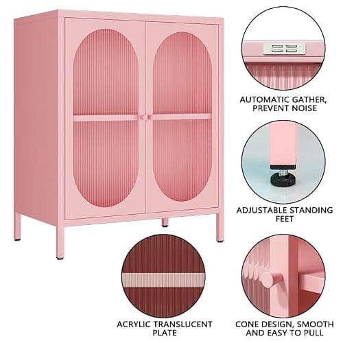 LYMOUYEE 2 Translucent Door Metal Accent Storage Cabinet for Home, Living Room, Office Room,Kitchen-Metal Locker Cabinet with 1 Adjustable Shelves-2-Tier (Pink) thumbnail 5