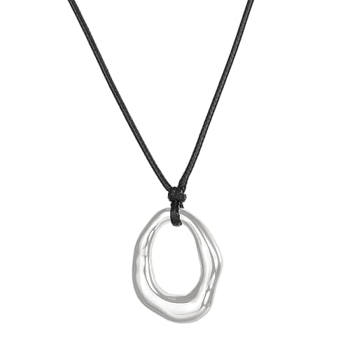 tenghong2021 Heart Shape Long Pendant Necklace for Women Silver Plated Irregular Heart Hollow Necklace Adjustable Black PU Leather Rope Long Chain Necklace for Women Gifts Jewelry - Image 1