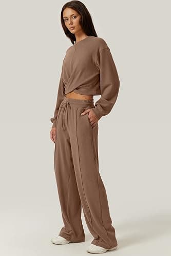 QINSEN Women 2 Piece Outfits Sweatsuit Set Twist Front Cropped Sweatshirt Wide Leg Sweatpant Lounge Set Tracksuit thumbnail 4