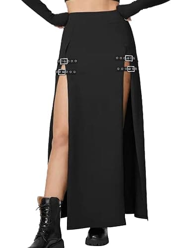 MATSUMIZUYU Black Punk Gothic Rave Maxi Skirts with Double Buckle Split for Women Long Goth High Waist Club Party Slit Skirt thumbnail 3
