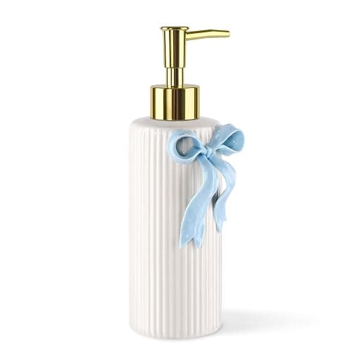 NEWHENGS Handmade Ceramic Bow Soap Pump Dispenser Hand Lotion Liquid Dispenser Refillable for Kitchen and Bathroom Decorative (Ribbon Blue) thumbnail 4