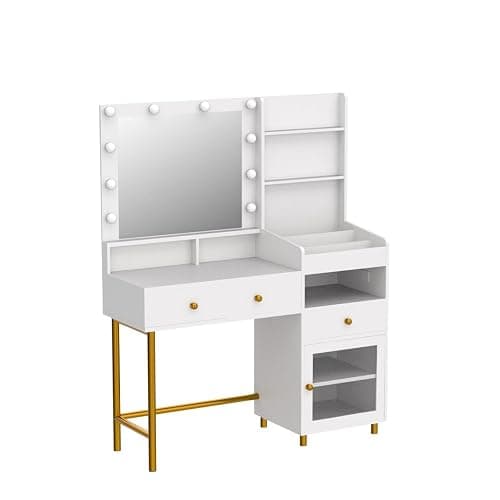 VIAGDO White Vanity Desk with Mirror and Lights, Makeup Vanity with Charging Station & 3 Storage Compartments, Makeup Desk with Drawers and Open Storage Shelves, Bedroom Dressing Table thumbnail 5