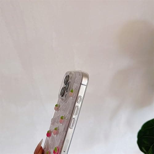 Fycyko Compatible for iPhone 15 3D Strawberry Pearl Bow Clear with Design Aesthetic Women Teen Girls Glitter Pretty Sparkle Sparkly Cute Girly Phone Cases Protective Cover+Pearl Chain thumbnail 6