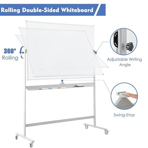 FORTUNO Large Magnetic Mobile Whiteboard 72"x40", Rolling Double Sided Stand Whiteboard on Wheels, Reversible Adjustable Height/Angle Dry Erase Board Easel White Board for Office Classroom thumbnail 4
