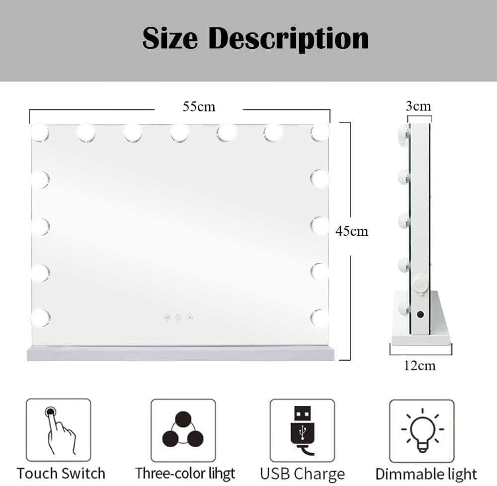BLC Hollywood Vanity Mirror with Lights, Makeup Mirror with 15 Upgraded Dimmable LED Bulbs, 3 Lighted Color with 10X Magnification Mirror, USB Charging Port, Tabletop and Wallmounted (White, 55x45cm) thumbnail 8