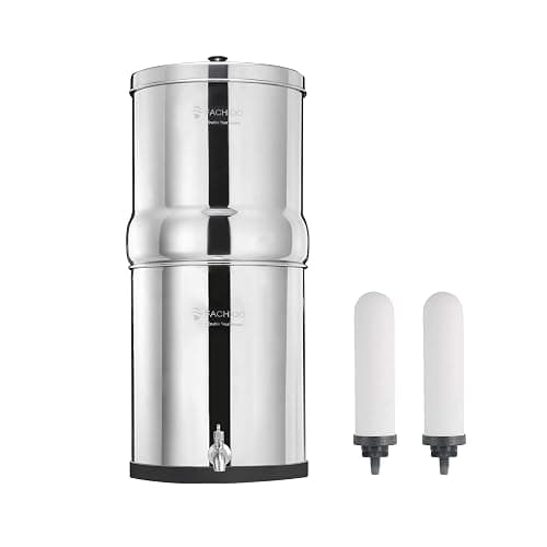 FACHIOO 2.25 Gallon Stainless Steel Gravity-Fed Water Filter System with 2 White Ceramics Purification Washable Filter, Portable Countertop Filter System for Home and Outdoor Camping Use - Image 1