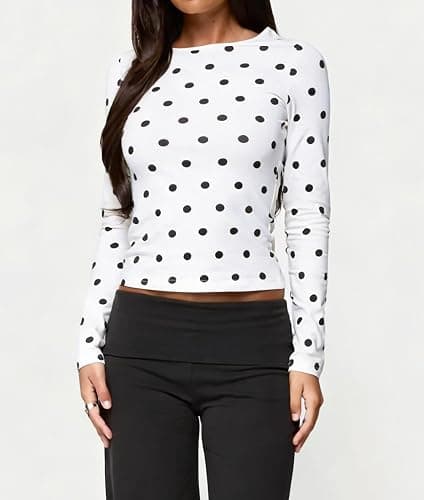 Women Polka Dot Long Sleeve Tops Crew Neck Slim Fit Shirt Tops Underscrub thumbnail 2