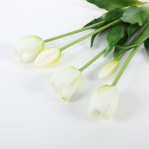 LINSIE 15 Pcs White Artificial Flowers Tulips Real Touch Latex Plastic Soft Faux Bouquets for Party, Wedding, Home, Room, Garden Decor thumbnail 5