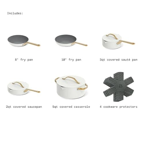Beautiful 12pc Ceramic Non-Stick Cookware Set by Drew Barrymore, Pots & Pans with Lids, Dishwasher‑Safe,Soft‑Touch Handles, Even‑Heat Base. (White Icing) thumbnail 6