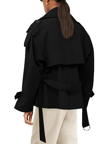 Tankaneo Womens Cropped Trench Coat Casual Double Breasted Short Jacket Fall Fashion Outerwear with Belt thumbnail 3