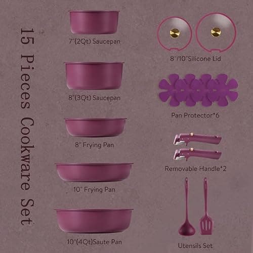 CAROTE 15pcs Pots and Pans Set Non Stick with Detachable Handles, Purple Nonstick Cookware Set Ultra Violet, Dishwasher/Oven Safe, Premium Kitchen Cooking Utensils thumbnail 3