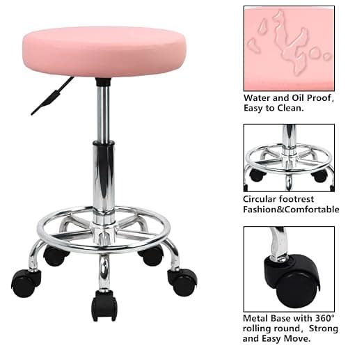 KKTONER PU Leather Round Rolling Stool with Foot Rest Swivel Height Adjustment Spa Drafting Salon Tattoo Work Office Massage Stools Task Chair (Pink) thumbnail 6