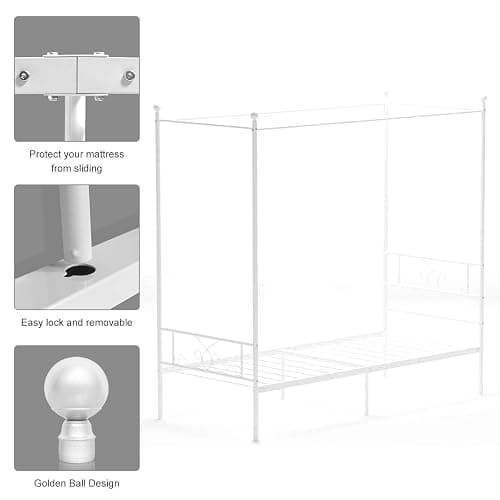 Weehom Twin Canopy Bed Frame with Headboard and Footboard, 4 Posters Metal Bed Frame, No Box Spring Needed, Mattress Foundation Platform Bed for Kids and Adults, White thumbnail 7