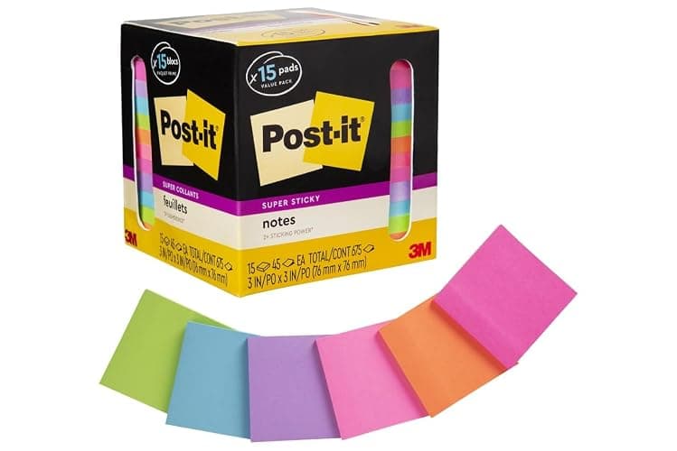 Post-it Super Sticky Notes, 3 x 3 in, Assorted Brights, 15 Pads | School Supplies and Office Supplies, 2X the Sticking Power - Image 1
