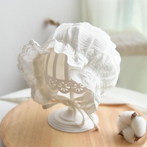 Baby Girl Cotton Muslin Bonnet - Vintage Ruffle Lace Newborn Sun Hat Adjustable Chin thumbnail 6