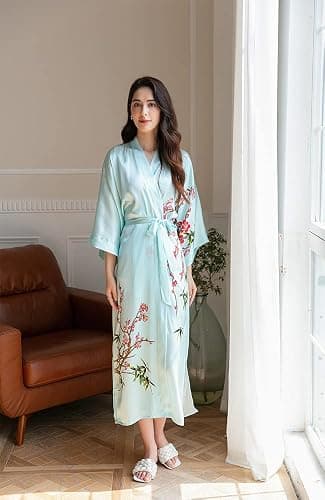 Kwedhonjh Women's Classic 100% Silk Kimono Robe, Bathrobe—Printed Pattern thumbnail 2