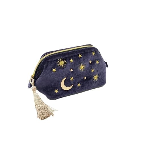 SZZCX Handy cosmetic makeup bag,Navy Velvet Embroidered Applique Moon Stars Cosmetic Bag,Starry Makeup Pouch with Tassels & Pearl Zipper,Beautician Storage Bag thumbnail 6