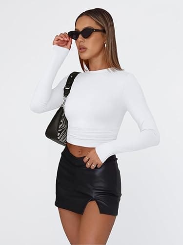 Trendy Queen Womens Long Sleeve Shirts Fall Fashion 2025 Basic Crop Tops Going Out Workout Outfits Y2k Clothes - Small - White thumbnail 5