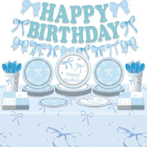 171Pcs Blue Bow Birthday Party Supplies Blue Bow Plates,Banner,Tabelcloth,Cups,Knives,Spoons,Forks,Baby Shower Girls Bow Party Decorations - Image 1