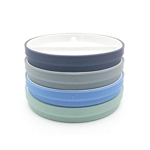 Elk and Friends Kids 6.7” Porcelain Divided Plates with Silicone Sleeves | Suitable for Babies/Kids/Toddlers | Microwave & Dishwasher Safe | Non Slip | Snack Dishes - Sage/Misty Blue/Navy/Gray - 6.7" Divided