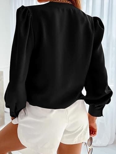 Women's Business Casual Tops Summer Long Sleeve Button Down Shirts V Neck Chiffon Blouses thumbnail 2