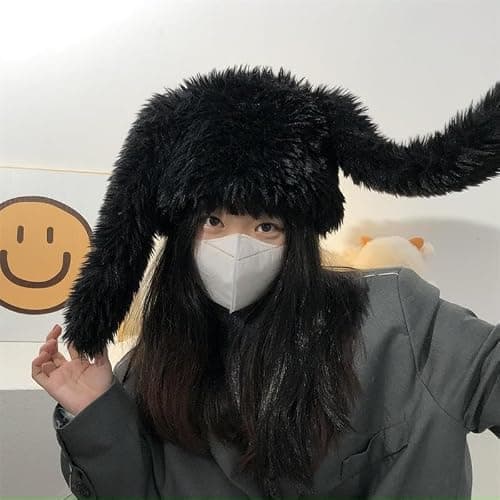HENWASAI Y2K Fuzzy Bunny Hat for Women Girls Cute Furry Beanie with Ears Long Rabbit Ears Hat for Festival, Easter, Party thumbnail 2