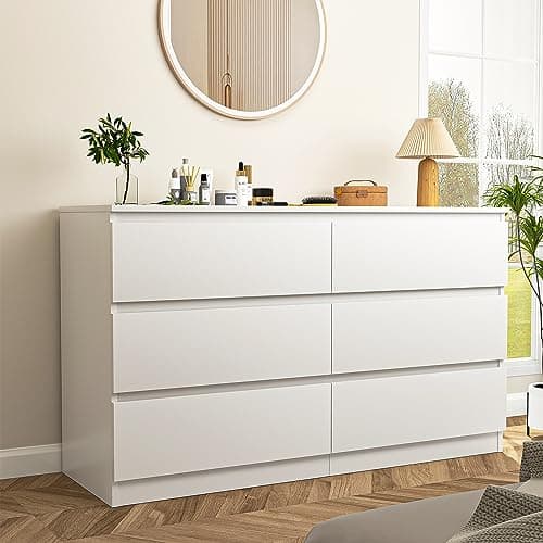 Vibe & Dine White Dresser 6 Drawer, Modern Double Dresser for Bedroom, Wood Chest of Drawers with Wide Storage for Living Room thumbnail 4