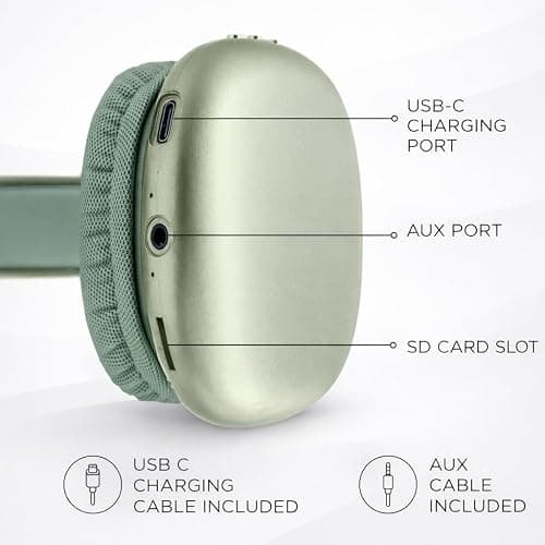 iJoy Ultra Wireless Over-Ear Bluetooth Headphones with Mic, 10H Playtime, Bluetooth Headset with Backup Wire & SD Slot, Wireless Headphones for Work, School & Gym (Green) thumbnail 8