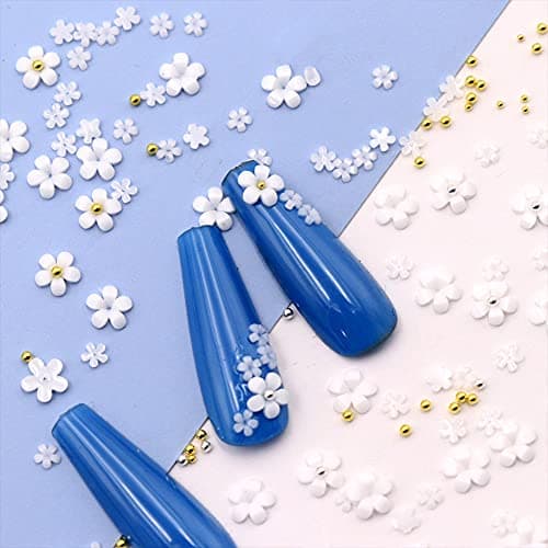 3D Flower Caviar Beads Nail Art Decals Charms for Nails, White Pink 3D Acrylic Flower Nail Charms with Pearl Golden Caviar Beads for Women DIY Manicures Salon Accessories thumbnail 6