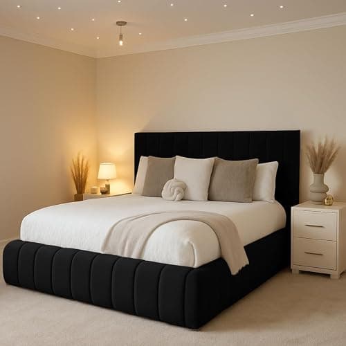 MOORCROFT BEDS 4FT6 Double Bed With Headboard Upholstered In Plush Velvet Black Bed Wooden Slats - No Mattress - No Storage (Black, 4FT6 Double - No Mattress - No Storage) - Image 1