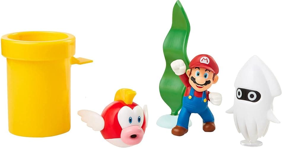 Nintendo Super Mario Underwater 2.5" Figure Diorama Play Set, Includes: Mario, Cheep-Cheep, Blooper, Mechanical Warp Pipe, Spinning Water Plant & Two Coins thumbnail 5