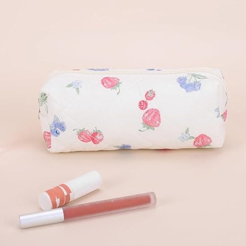 Quilted Makeup Bag Set 3 Pcs Cute Strawberry Makeup Bags For Women Large Aesthetic Floral Cosmetic Bag Coquette Cotton Makeup Pouch thumbnail 8