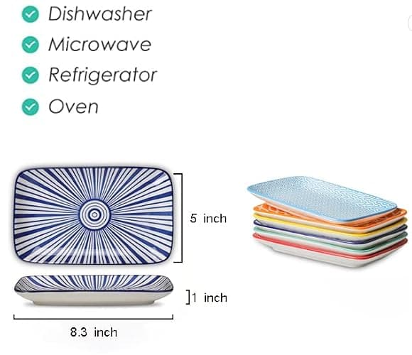 Selamica Ceramic 8 inch Rectangular Salad Plates, Dinner Plates, Pasta Dessert Plates for Appetizer, Sushi, Fruit - Microwave/oven/Dishwasher Safe, Set of 6, Assorted Colors thumbnail 3