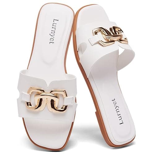 Lurnyet Women's Flat Sandals Dressy Summer Comfortable Fashion Leather Slippers Beach Cute Ladies Slides Casual Women's Sandals - Image 1