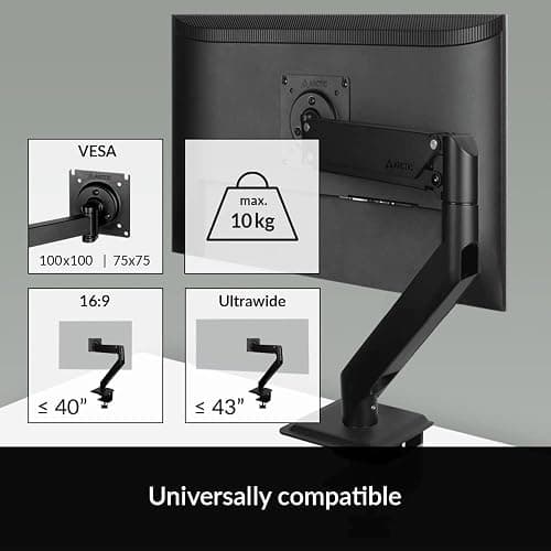 ARCTIC X1-3D - Monitor arm with gas lift arm for one monitor, monitor stand for up to 40"/43" Ultrawide, up to 10 kg/22 Ibs, Cable management, Tiltable, Swivelable, Height adjustable - Black thumbnail 3