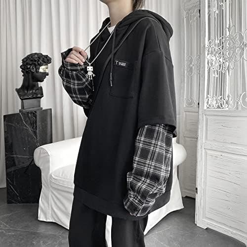 YUESUO Emo Streetwear Vintage Hoodie Women Men Oversized Sweatshirt Punk Patchwork Pullovers Grunge Plaid Hoodie Clothes thumbnail 6
