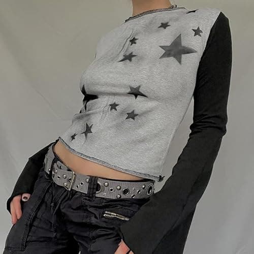 dsumvns Women Fairy Grunge Tops for Teen Girls Emo Star Graphic Y2k Crop Top Color Block Long Sleeve Alternative Clothes thumbnail 4
