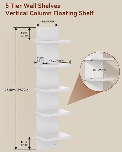 IBUYKE 5 Tier Wall Shelf Unit,White Vertical Shelf,Organizer Tall Tower Design Decorative Wall Mount Shelving for Home, Bedroom,Office Decor WBC009W-2 thumbnail 3