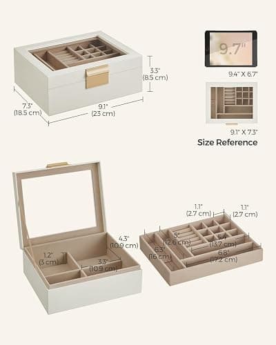 SONGMICS Jewelry Box with Glass Lid, 2-Layer Jewelry Organizer with Removable Tray, Jewelry Storage, Modern Style, Gift for Loved Ones, Cloud White and Metallic Gold UJBC238W01 thumbnail 2