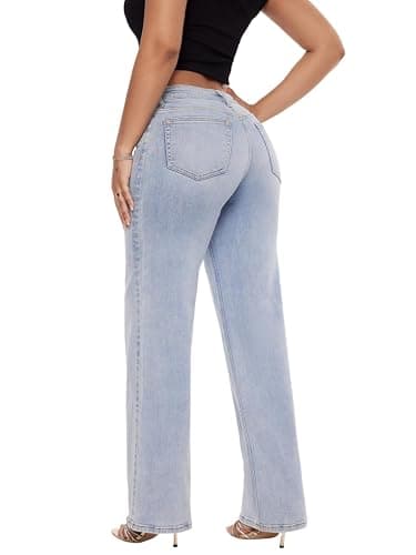 ONESO Mid-Low Rise Baggy Jeans Wide Leg for Women Distressed Pants Stretchy Bottom Lady Basic Comfortable Denim thumbnail 2