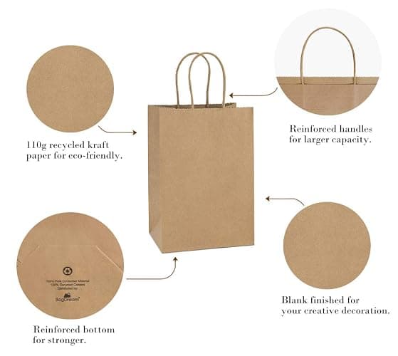 BagDream Gift Bags 100Pcs 5.25x3x8 Small Kraft Paper Gift Bags with Handles Bulk, Brown Paper Sacks for Small Business, Retail, Merchandise, Wedding Birthday Party Favor thumbnail 5