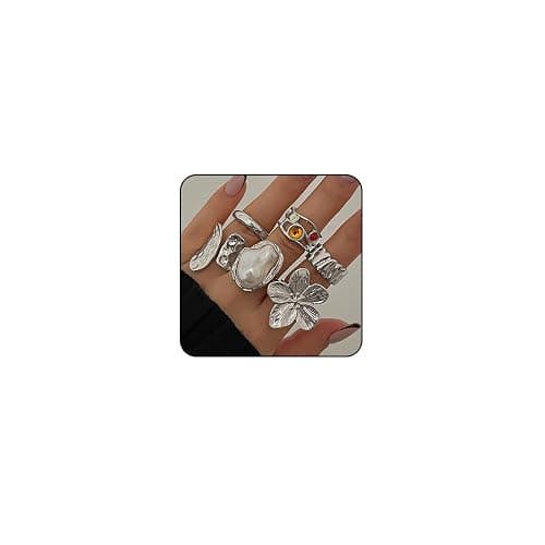 Otxas Chunky Gold Rings for Women Adjustable Statement Rings Baroque Pearl Flower Ring Stackable Rings Set 6Pcs Chunky Jewelry - Silver - Image 1