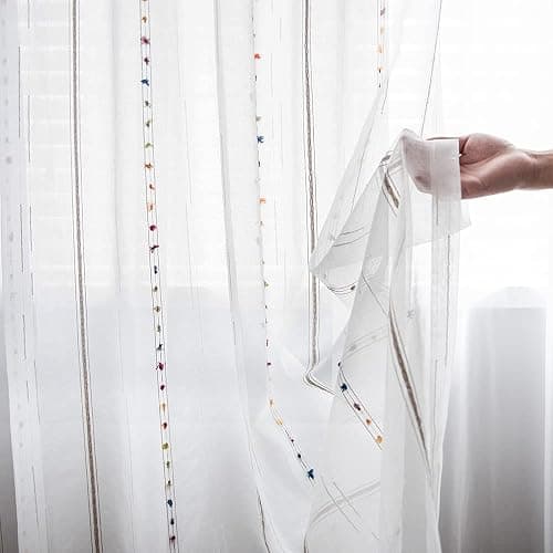 pureaqu Faux Linen Stripe Pattern Sheer Curtains for Bedroom/Kids Embroidered Colorful Rainbow Semi Sheer Voile Window Curtain for Living Room Rod Pocket Tulle W39 x L84 Inch 1 Panel thumbnail 5